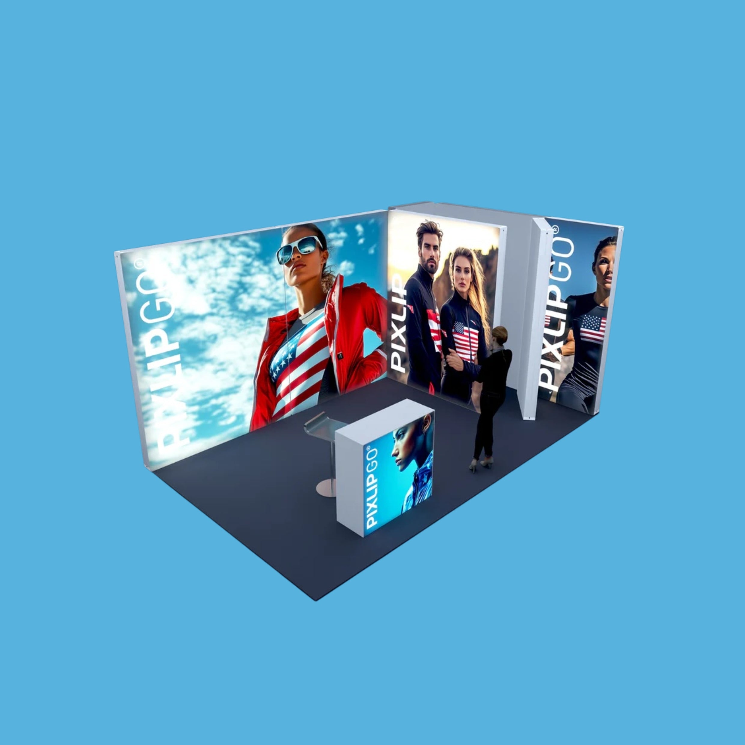 Seitenansicht Messestand M-15 mit modularen Pixlip GO Leuchtkästen, flexibles und funktionales Design _Varia-systems