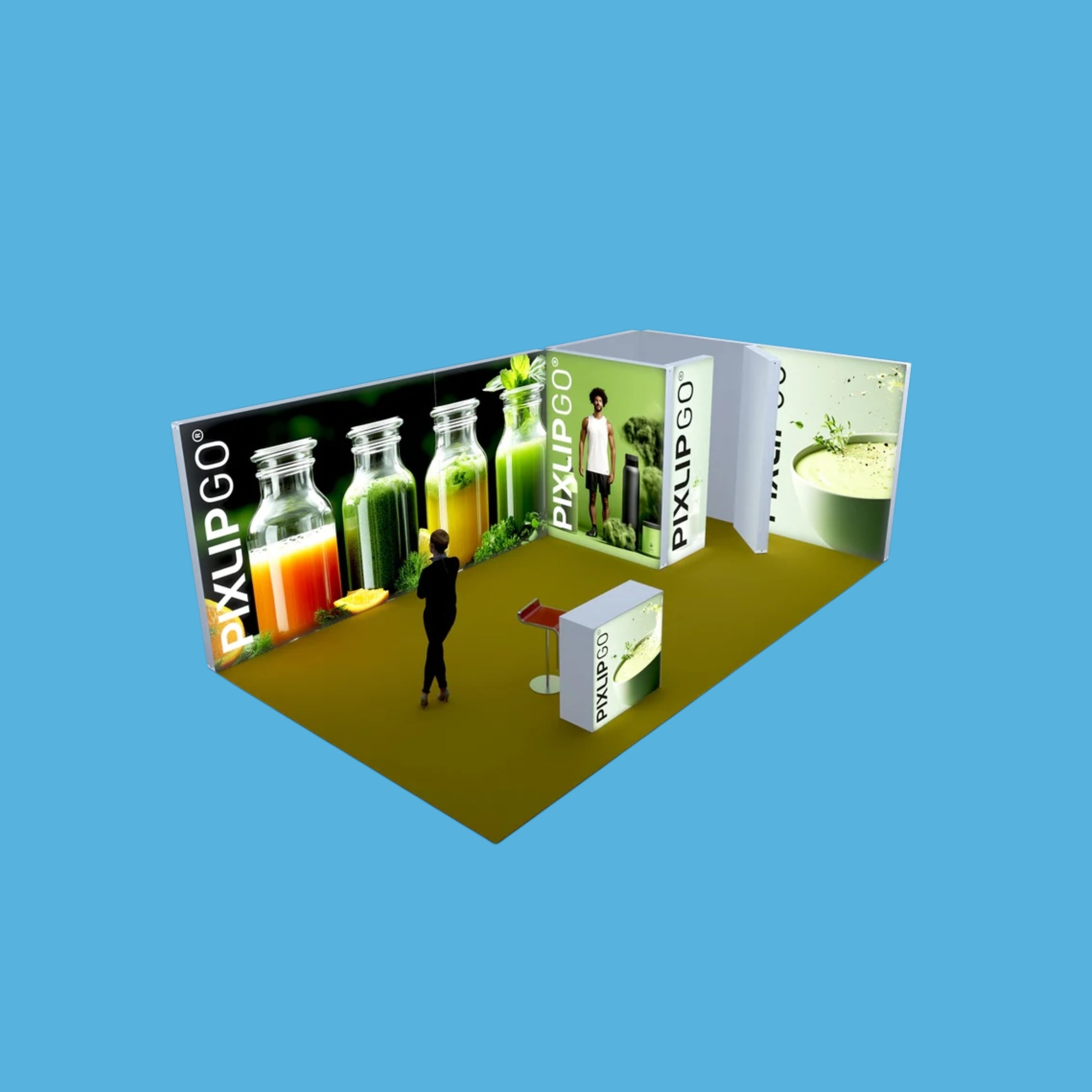 Messestand M-22 Frontansicht mit leuchtendem Pixlip GO System, moderne und einladende Messepräsentation _Varia-systems