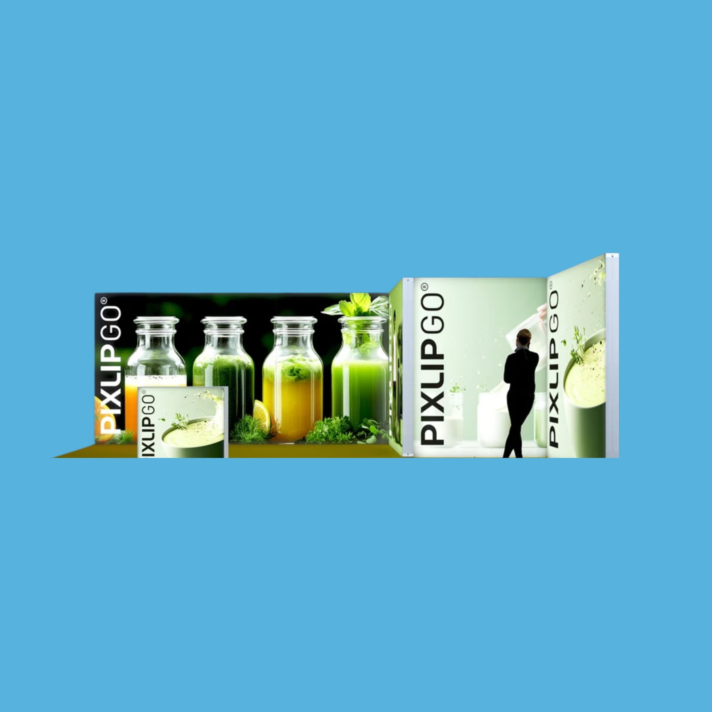 Seitenansicht Messestand M-22 mit modularen Pixlip GO Leuchtkästen, flexibles und innovatives Design _Varia-systems