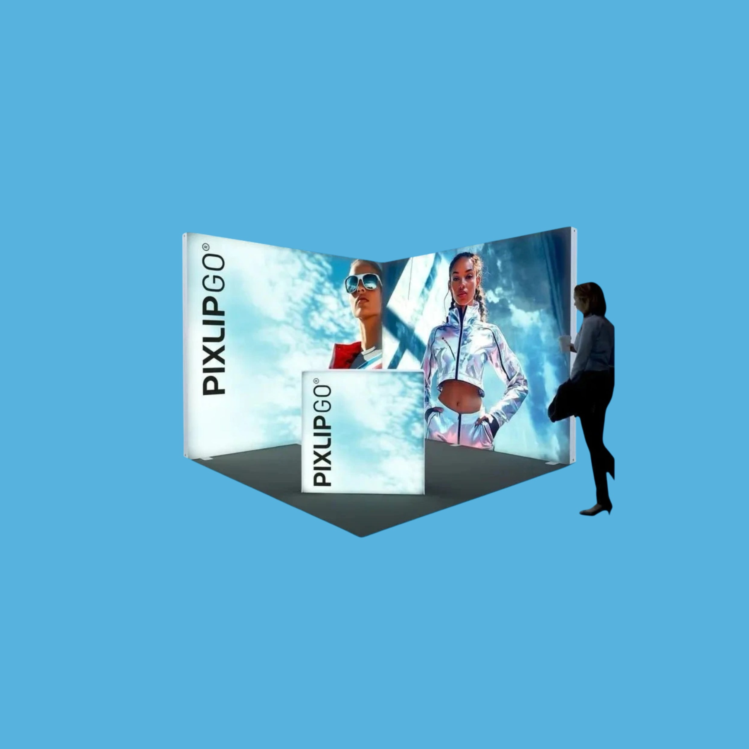 PIXLIP GO Messestand S-02 – beleuchteter Messestand für Events und Promotionen.
