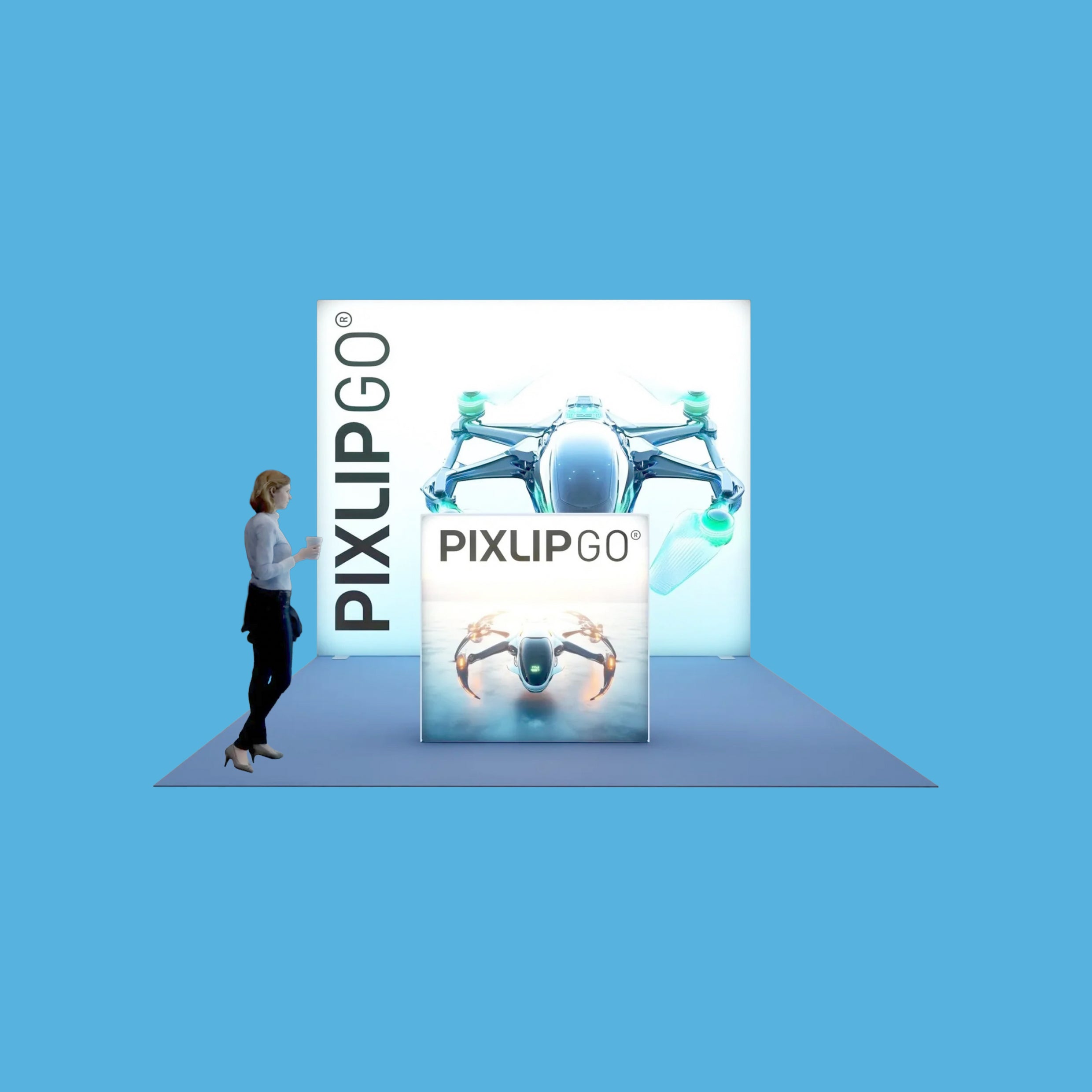 Messestand S-01 Frontansicht mit leuchtendem Pixlip System, moderne und ansprechende Messepräsentation _Varia-systems