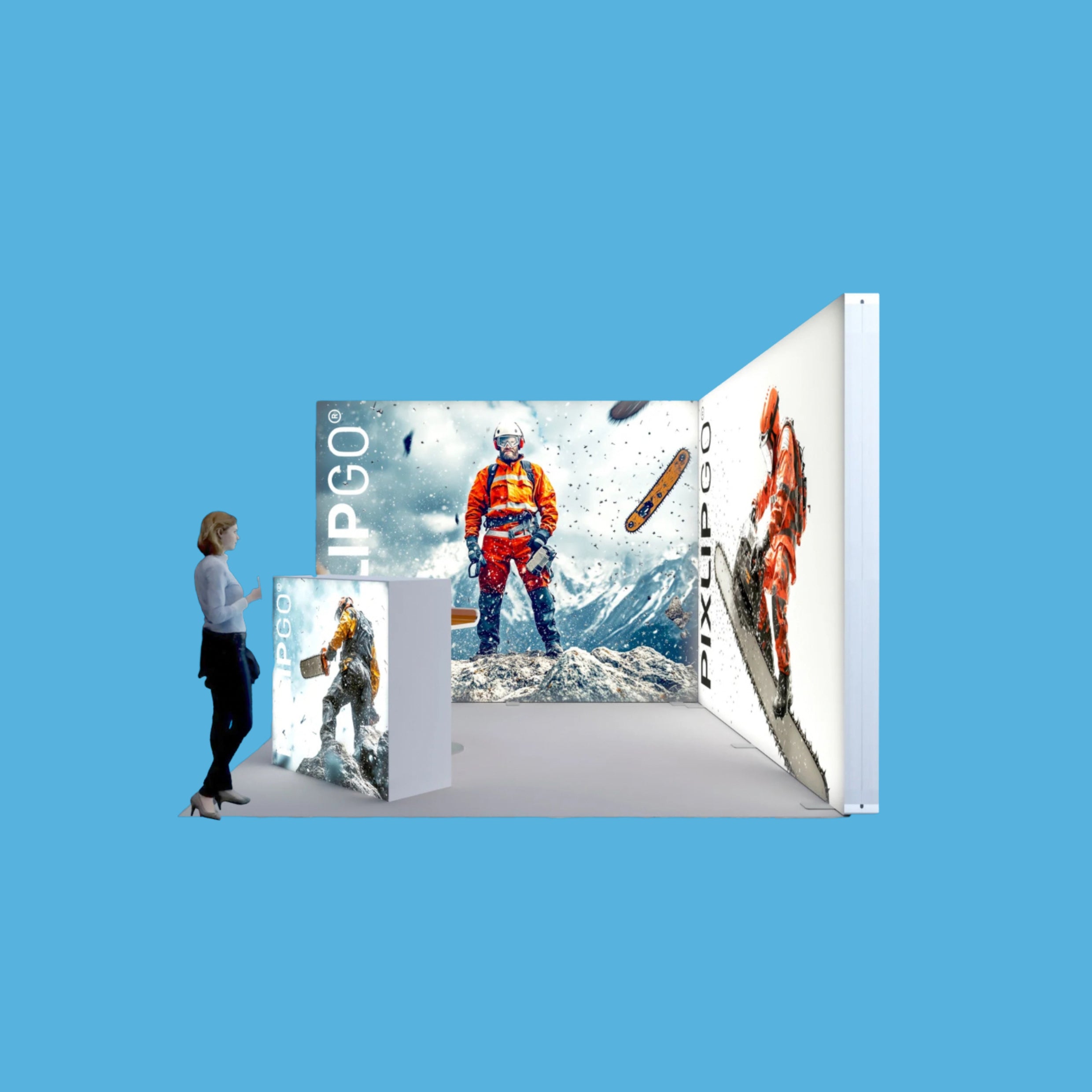 Seitenansicht Messestand S-13 mit modularen Pixlip Leuchtkästen, flexibles und stilvolles Design _Varia-systems