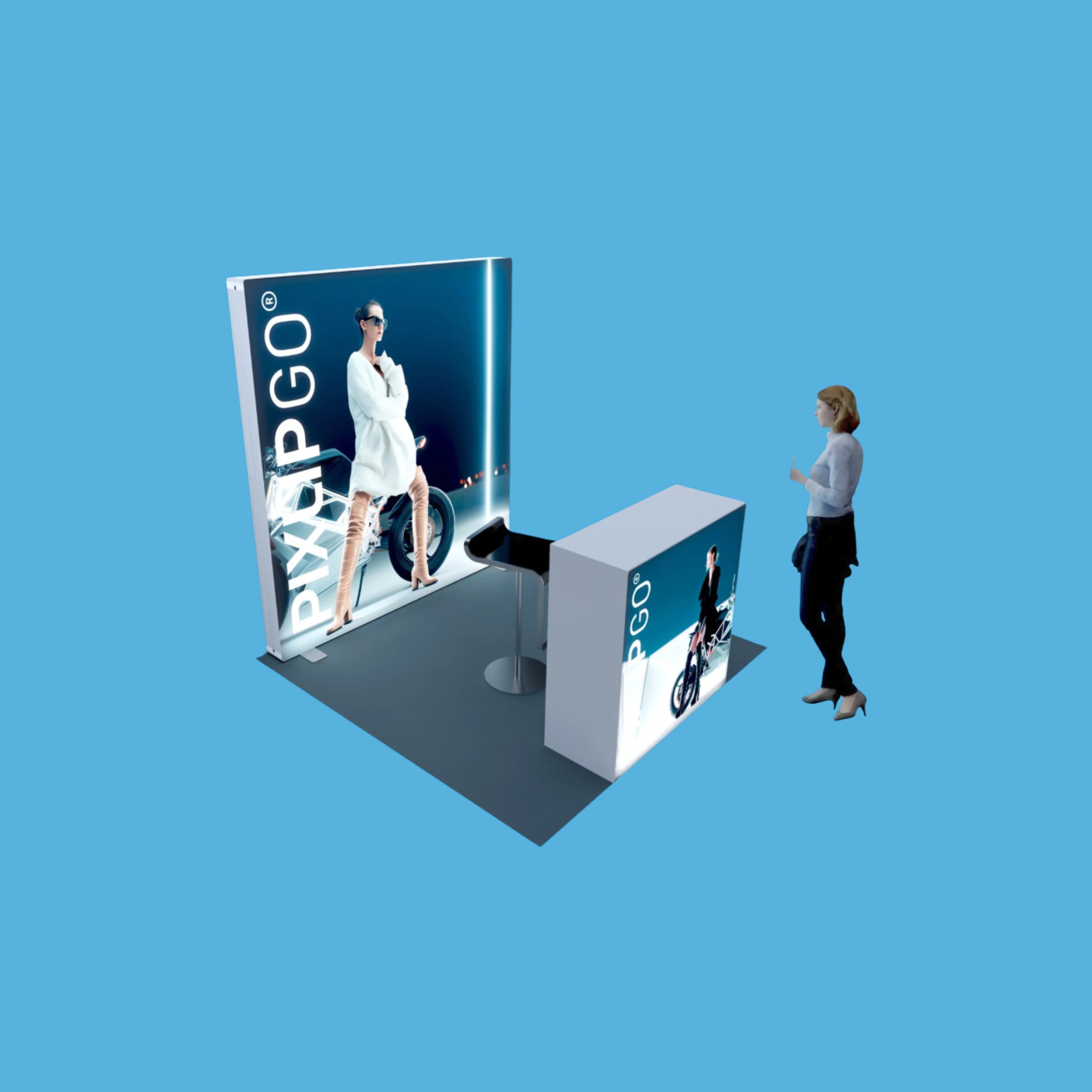 Seitenansicht Messestand S-15 mit modularen Pixlip Leuchtkästen, flexibles und funktionales Design _Varia-systems